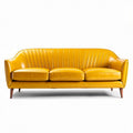 Yellow leather three-seater sofa with ribbed design and wooden legs