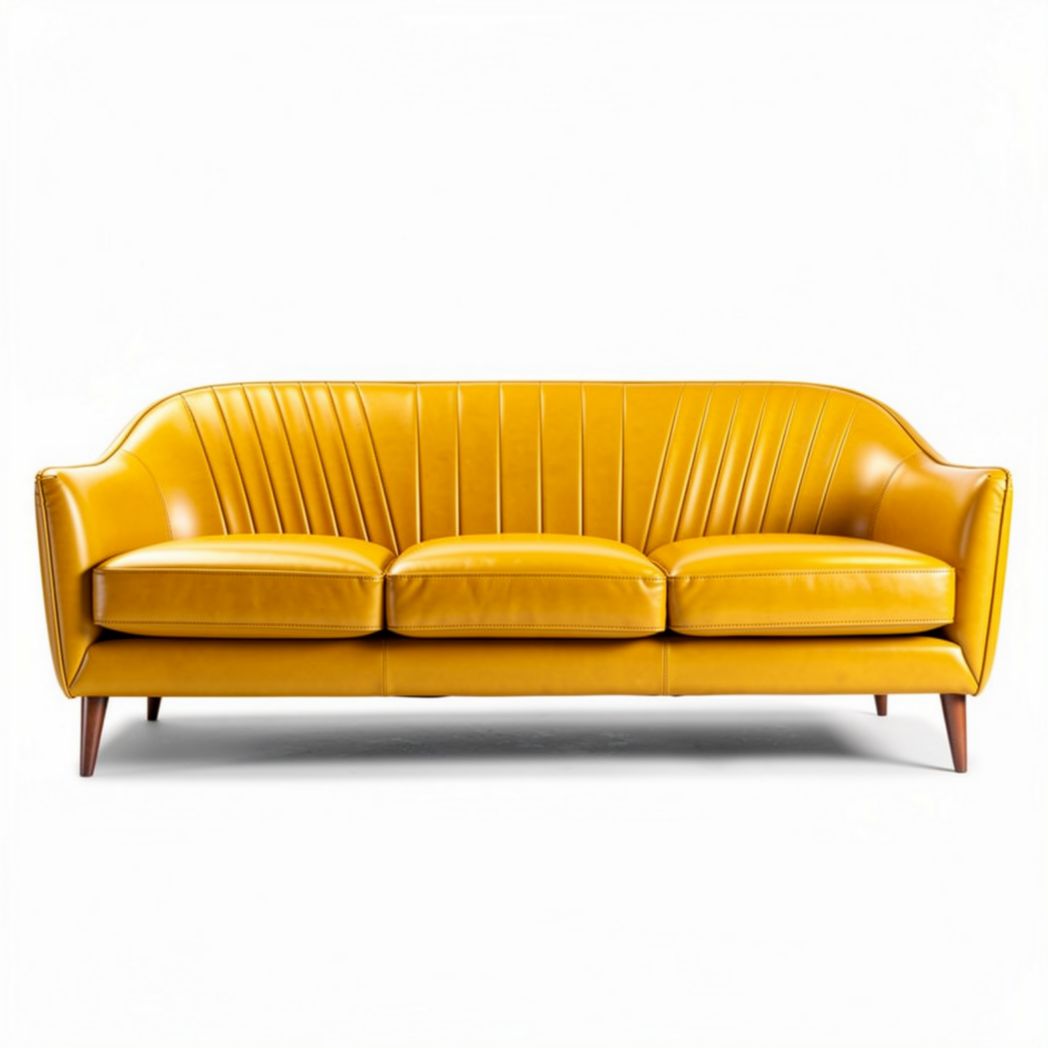 Yellow leather three-seater sofa with ribbed design and wooden legs