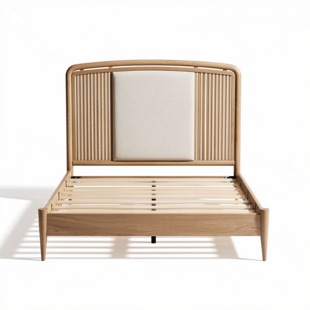 Wooden platform bed frame with upholstered headboard in natural finish 200 x 160 x 100cm