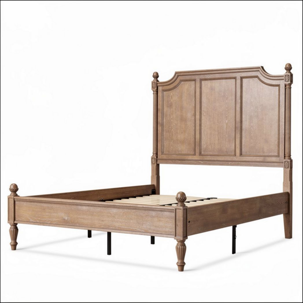 Wooden king size bed frame with headboard and slatted base in natural finish