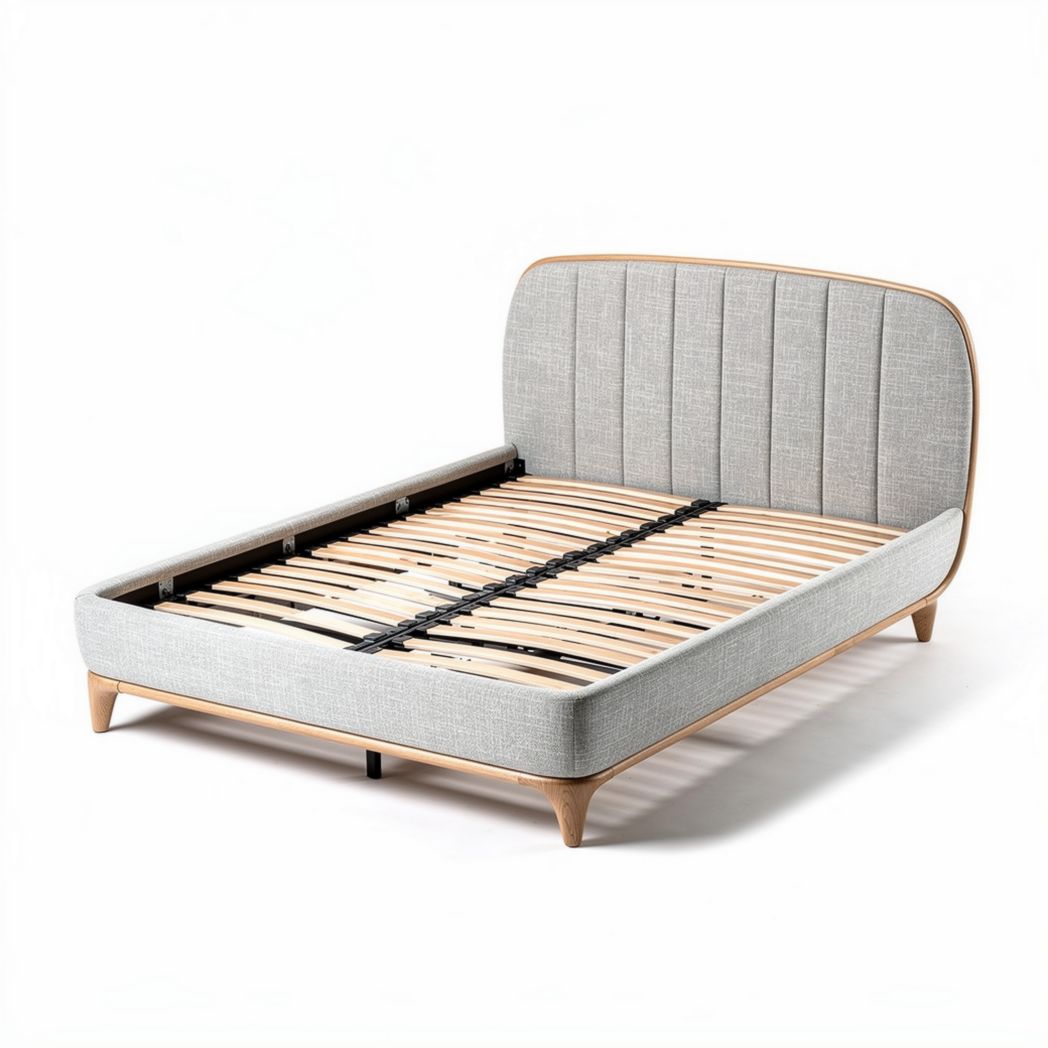 Fabric upholstered bed frame with wooden slats in light gray 200 x 160 x 30cm