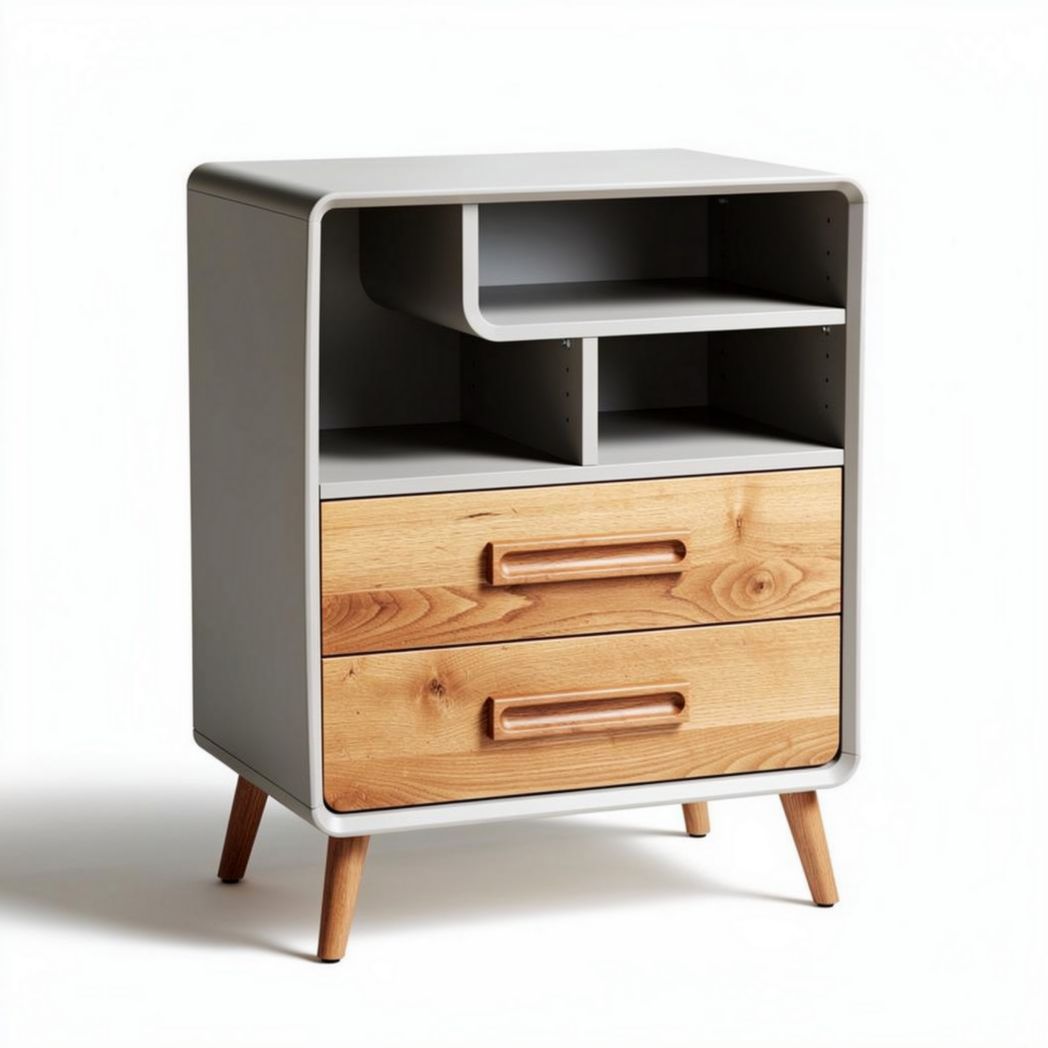 Modern nightstand with natural wood drawers and open storage space 45 x 40 x 60cm
