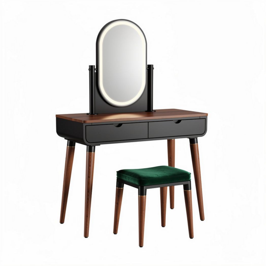 Vanity table set with mirror and stool in black and walnut finish 100 x 45 x 150cm
