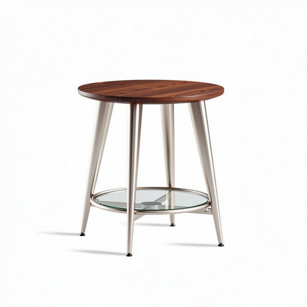 Round side table with wooden top and glass shelf 50 x 50 x 60cm