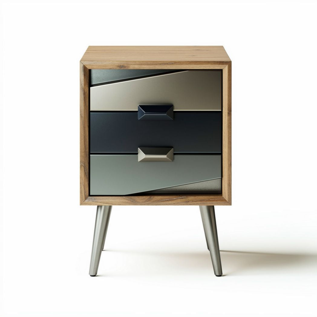 Wood and metal nightstand with geometric drawer design 45 x 40 x 60cm
