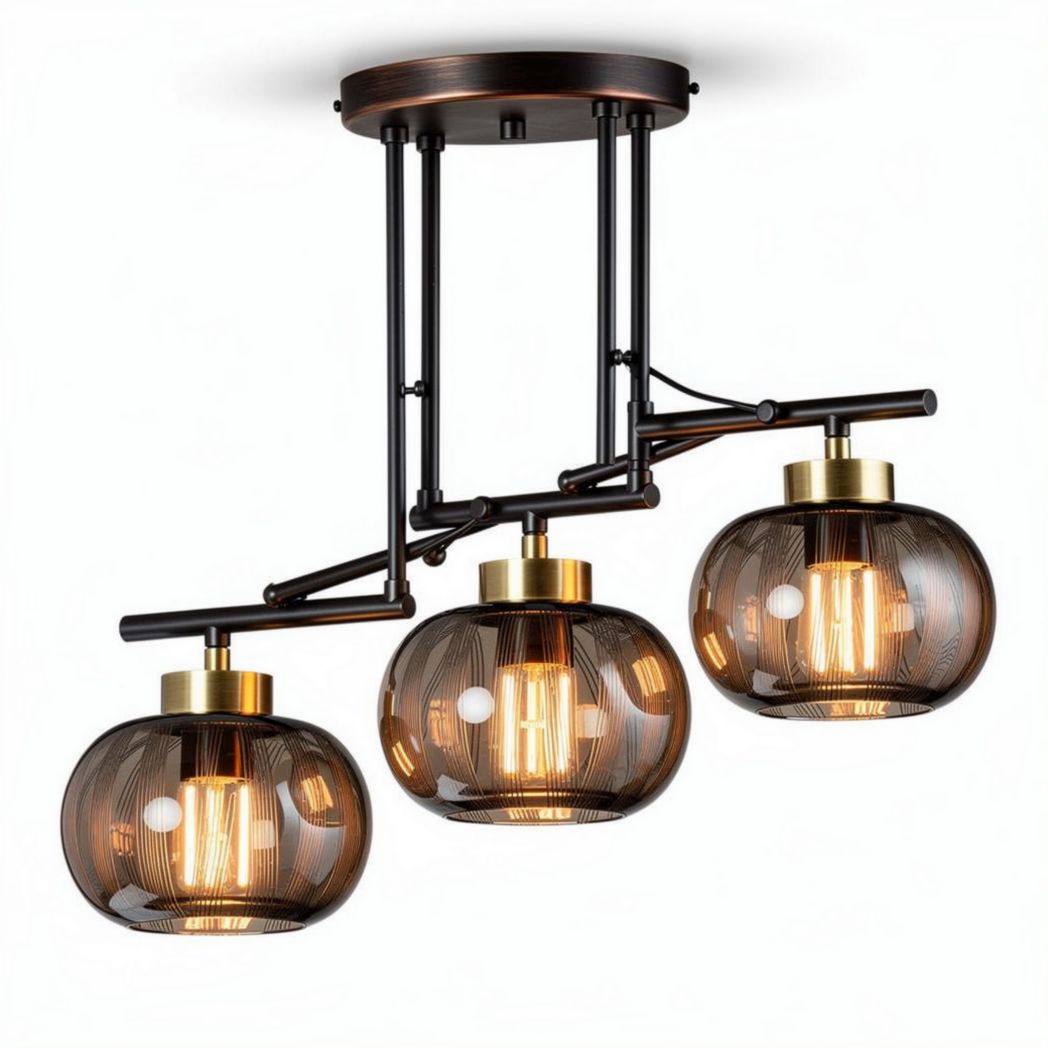 Three-light modern pendant ceiling lamp with glass shades and adjustable height
