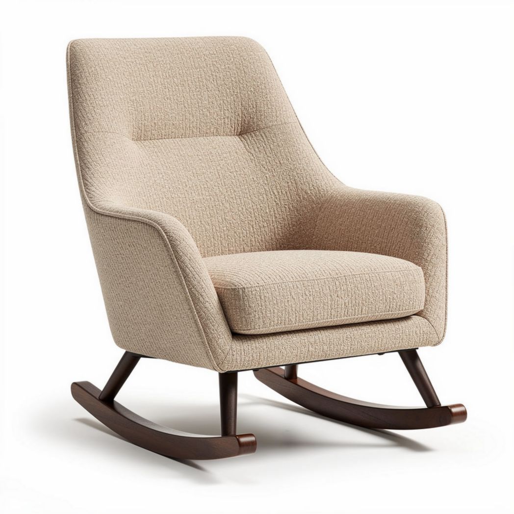 Rocking chair in beige fabric upholstery with wood base dimensions 80 x 80 x 90cm
