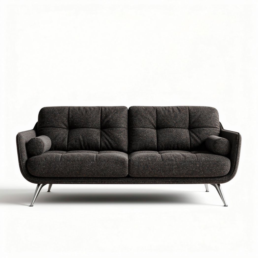 Mid-century modern two-seater sofa in dark gray fabric with chrome legs 180 x 90 x 85cm